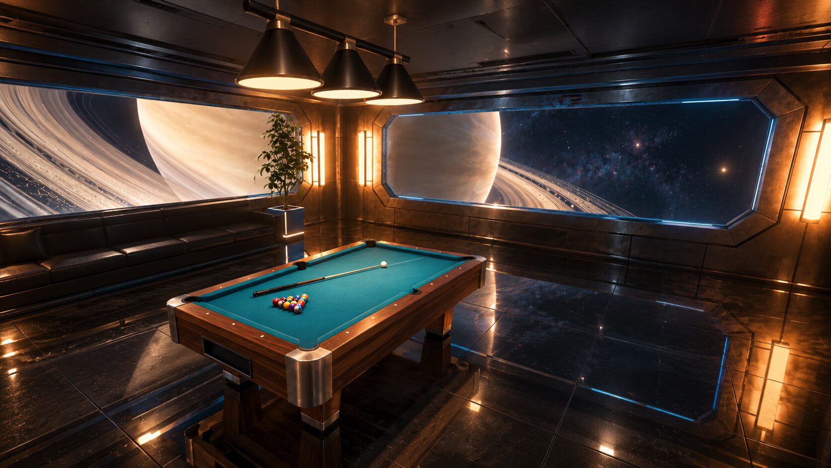 The Frontier Pool lounge: a pool table with teal cloth under three amber pendant lamps, leather sofas and Saturn's rings filling the panoramic windows